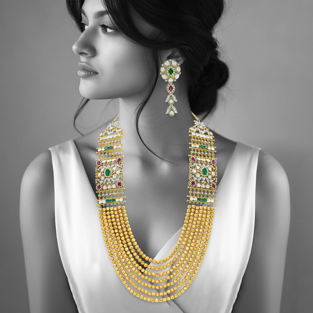 Layered Polki Necklace Set with Emeralds, Rubies, and Drops